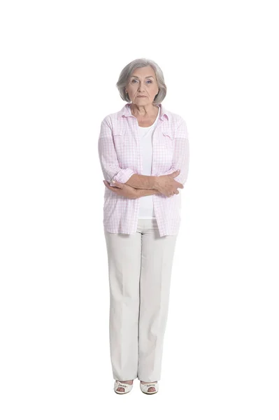 Full Length Serious Senior Woman Posing Isolated White — Stock Photo, Image