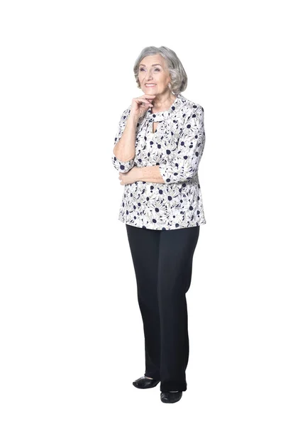 Полный Рост Счастливая Пожилая Женщина Позирующая Изолированной Белом Фоне — стоковое фото