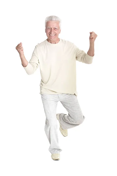 Portret Van Senior Gelukkig Man Poseren Geïsoleerd Een Witte Achtergrond — Stockfoto