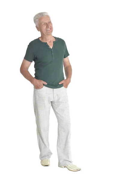 Ganzkörperporträt Eines Älteren Mannes Der Isoliert Auf Weißem Hintergrund Posiert — Stockfoto