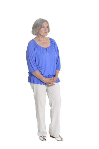 Full Length Serious Senior Woman Posing Isolated White — Stock Photo, Image