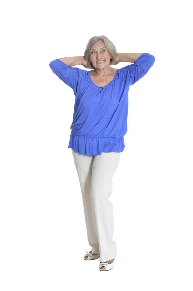 Portrait Senior Woman Blue Blouse Posing Isolated White Background — Stock Photo, Image