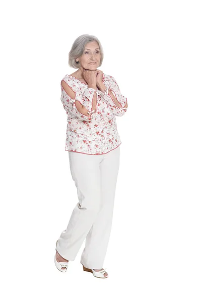 Feliz Anciana Posando Aislada Sobre Fondo Blanco —  Fotos de Stock