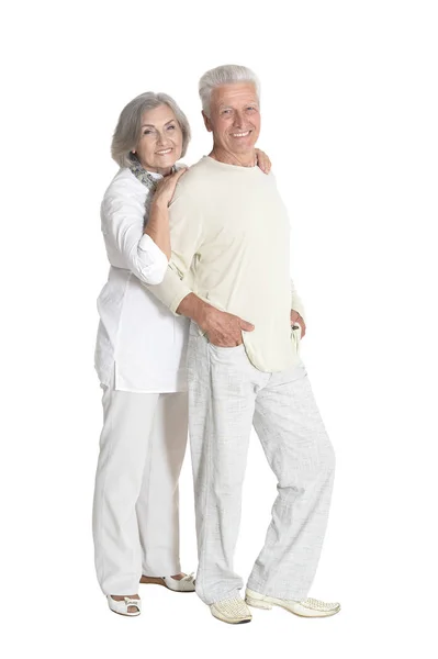 Ritratto Completo Coppia Anziana Che Abbraccia Isolato Sfondo Bianco — Foto Stock