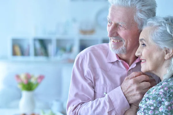 Närbild Porträtt Glad Äldre Par Hemma — Stockfoto