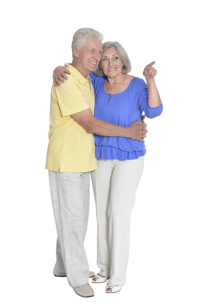 Full Length Portrait Senior Couple Pointing Something Isolated White Background — Stock Photo, Image