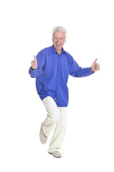 Senior Man Met Duimschroef Opwaarts Poseren Geïsoleerd Witte Achtergrond — Stockfoto