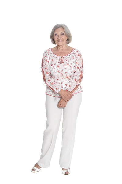 Happy Senior Woman Posing Isolated White Background — Stock Photo, Image