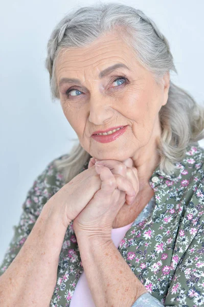 Portret Szczęśliwy Starsza Kobieta Domu Bliska — Zdjęcie stockowe