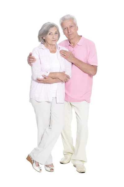 Ritratto Completo Coppia Anziana Che Abbraccia Isolato Sfondo Bianco — Foto Stock