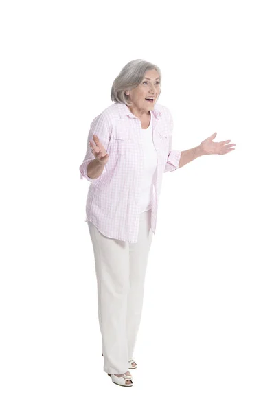 Щаслива Старша Жінка Позує Ізольовано Білому Тлі — стокове фото
