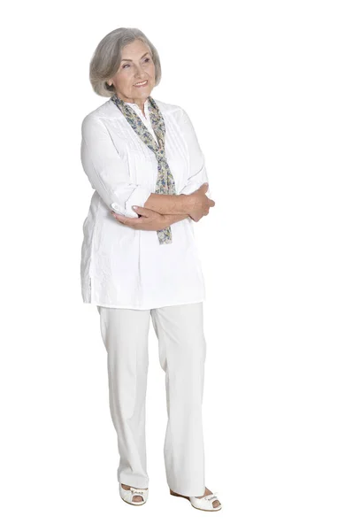 Full Length Happy Senior Woman Posing Isolated White — Stock Photo, Image