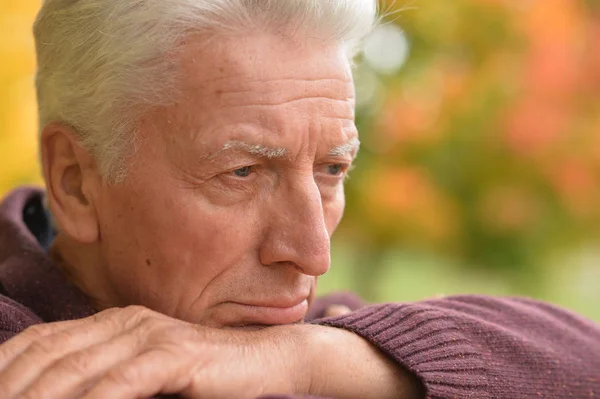 Porträtt Tankeväckande Senior Mannen Park — Stockfoto