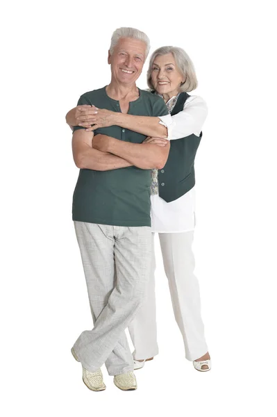 Full Length Portrait Senior Couple Embracing Isolated White Background — Stock Photo, Image