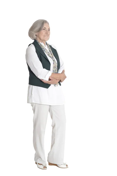Larga Duración Mujer Mayor Feliz Posando Aislado Blanco — Foto de Stock