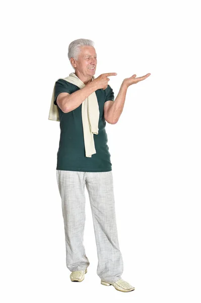 Senior Man Showing Something Isolated White Background — Stock Photo, Image