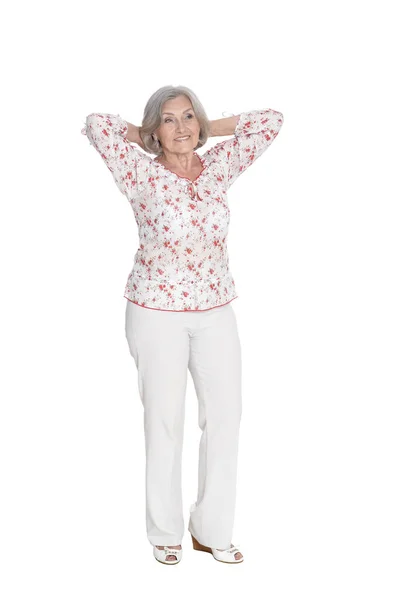 Šťastný Starší Žena Představuje Izolované Bílém Pozadí — Stock fotografie