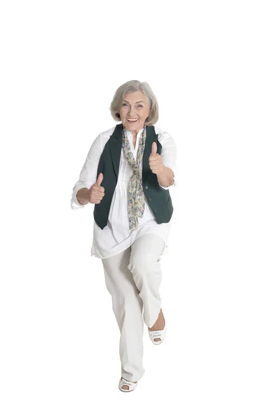 Full Längd Happy Senior Kvinna Med Tummen Upp Isolerad Vit — Stockfoto