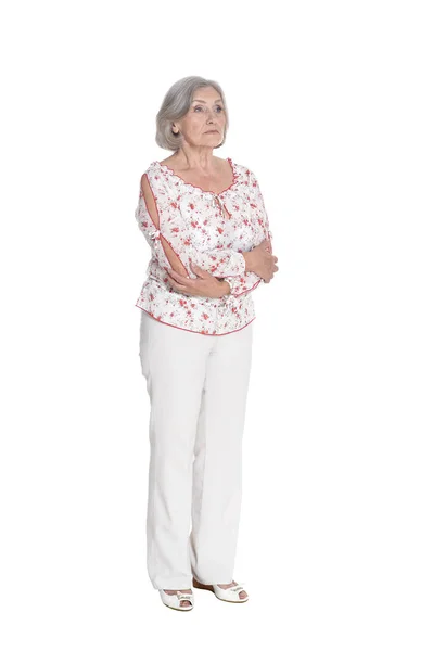 Feliz Anciana Posando Aislada Sobre Fondo Blanco —  Fotos de Stock