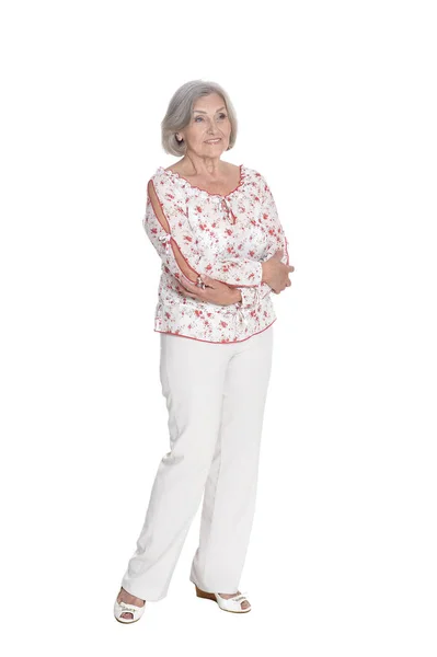Šťastný Starší Žena Představuje Izolované Bílém Pozadí — Stock fotografie