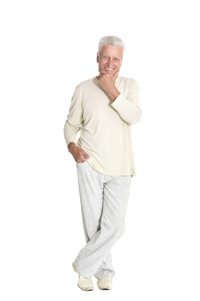 Porträt Eines Älteren Mannes Der Isoliert Auf Weißem Hintergrund Posiert — Stockfoto