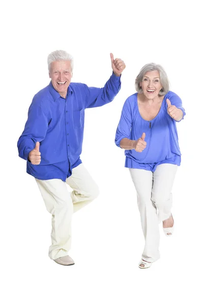 Retrato Comprimento Total Casal Sênior Com Polegares Isolados Fundo Branco — Fotografia de Stock