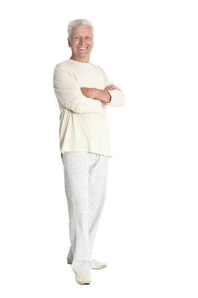 Ritratto Uomo Anziano Posa Isolato Sfondo Bianco Lunghezza Intera — Foto Stock