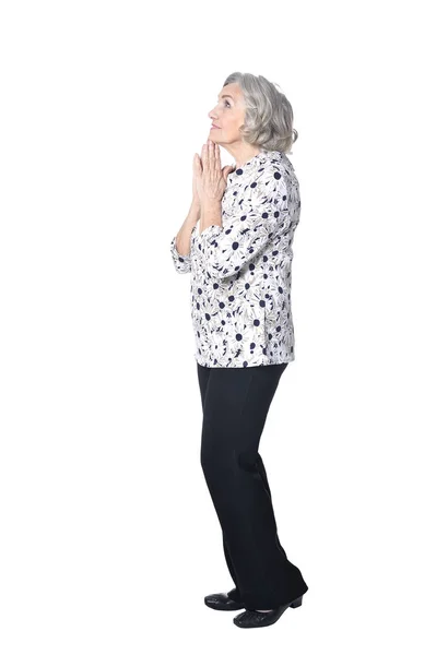 Full Length Happy Senior Woman Praying Isolated White — Stock Photo, Image