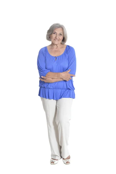 Portret Van Senior Vrouw Blauwe Blouse Poseren Geïsoleerd Witte Achtergrond — Stockfoto