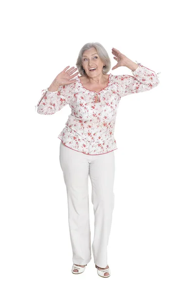 Szczęśliwy Senior Kobieta Białym Tle Białym Tle Pozowanie — Zdjęcie stockowe