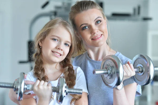 Sporty Young Woman Training Teenage Daughter Gym — Stock Photo, Image