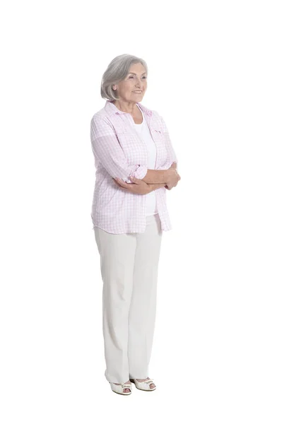 Gelukkig Senior Vrouw Poseren Geïsoleerd Witte Achtergrond — Stockfoto