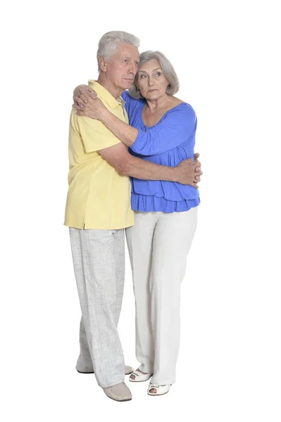 Full Length Portrait Senior Couple Embracing Isolated White Background — Stock Photo, Image