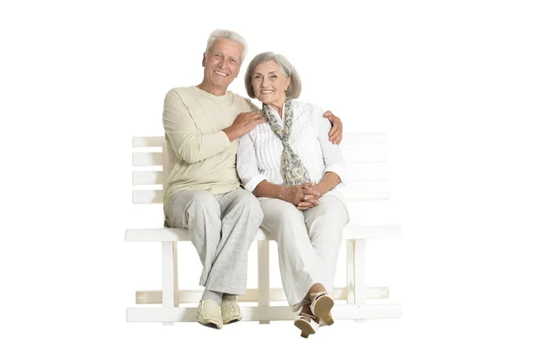 Portrait Senior Couple Sitting Bench Isolated White Background Full Length — Stock Photo, Image