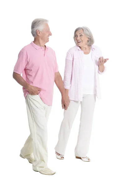 Full Length Portrait Senior Couple Holding Hands Isolated White Background — Stock Photo, Image