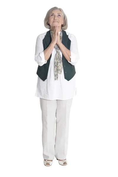 Piena Lunghezza Felice Donna Anziana Pregando Isolato Bianco — Foto Stock
