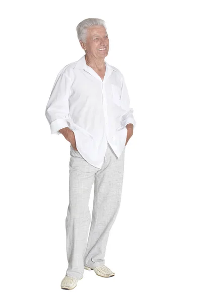 Full Length Portrait Senior Man Posing Isolated White Background — Stock Photo, Image