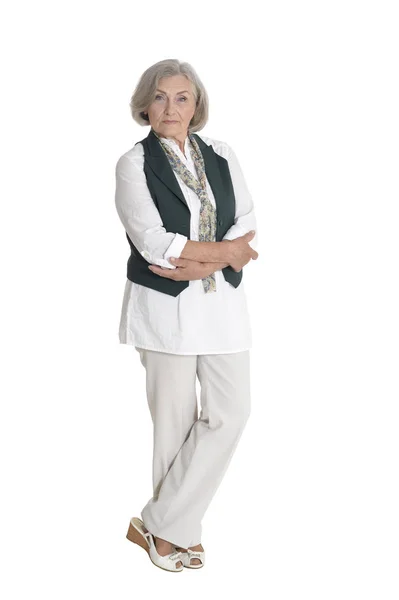 Volledige Lengte Ernstige Senior Vrouw Poseren Geïsoleerde Wit — Stockfoto