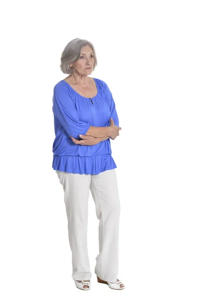 Full Length Serious Senior Woman Posing Isolated White — Stock Photo, Image