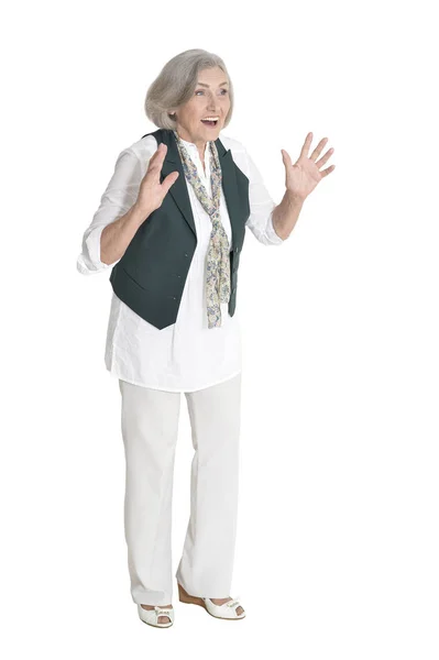 Full Length Happy Surprised Senior Woman Posing Isolated White — Stock Photo, Image