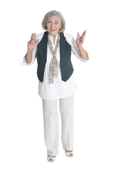 Полный Рост Счастливая Пожилая Женщина Позирует Изолированная Белом — стоковое фото