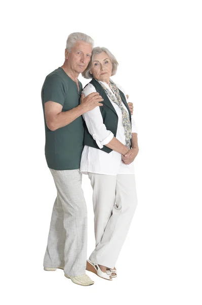 Retrato Comprimento Total Casal Sênior Abraçando Isolado Fundo Branco — Fotografia de Stock
