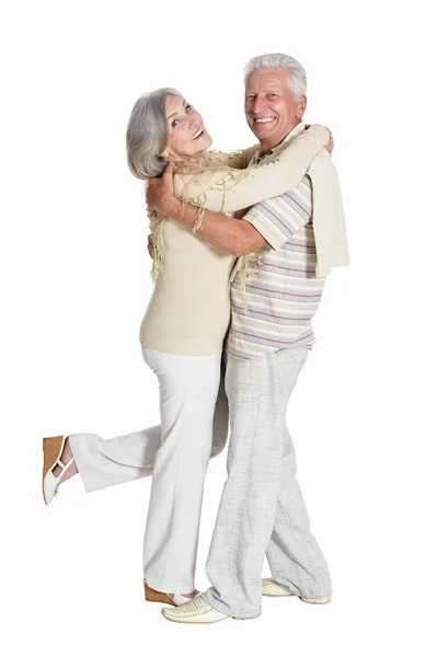 Portrait Beau Couple Personnes Âgées Dansant Isolé Sur Fond Blanc — Photo