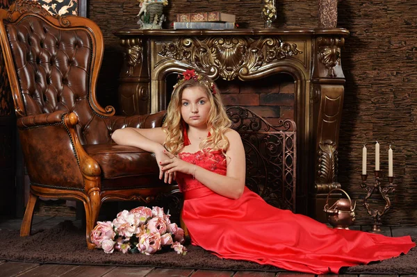 Blonde Teenage Girl Bright Red Dress Leaning Armchair Room Vintage — Stock Photo, Image