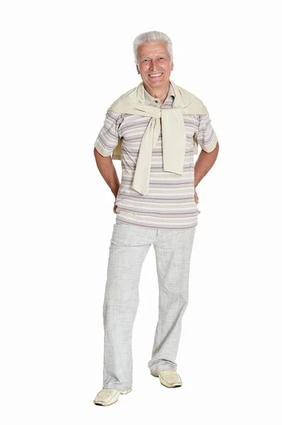 Full Length Portrait Senior Man Posing Isolated White Background — Stock Photo, Image