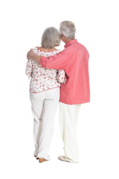 Ritratto Completo Coppia Anziana Che Abbraccia Isolata Sfondo Bianco — Foto Stock