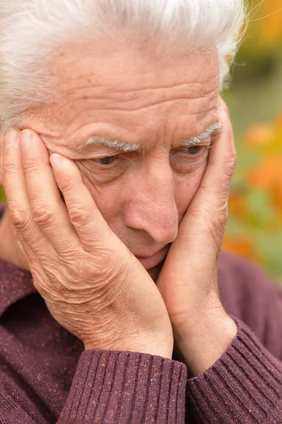 Porträtt Tankeväckande Senior Mannen Park — Stockfoto