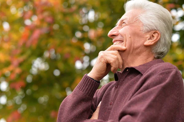 Close Portrait Senior Man Posing Blurred Autumn Park Background — Stock Photo, Image