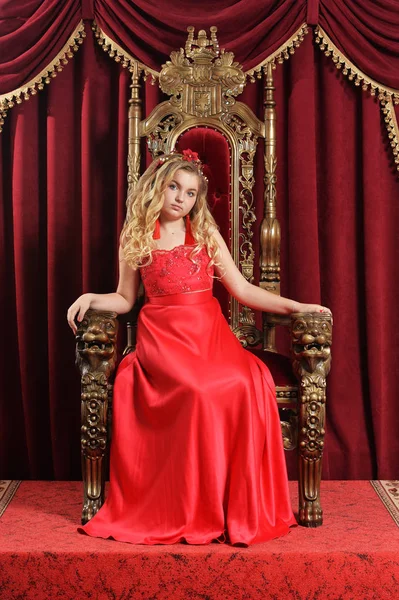 Blonde Teenage Girl Bright Red Dress Sitting Vintage Chair Red — Stock Photo, Image