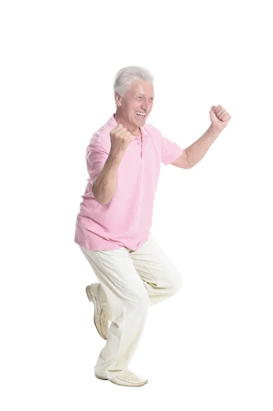 Счастливый Пожилой Человек Позирует Изолированным Белом Фоне — стоковое фото